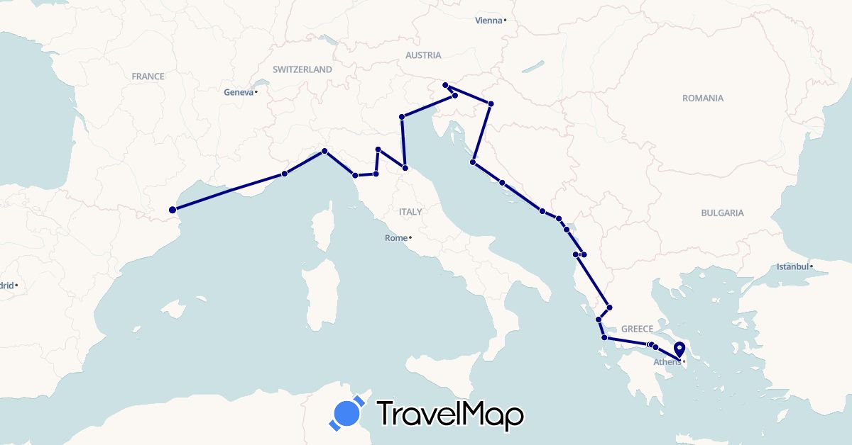 TravelMap itinerary: driving in Albania, France, Greece, Croatia, Italy, Montenegro, Slovenia, San Marino (Europe)